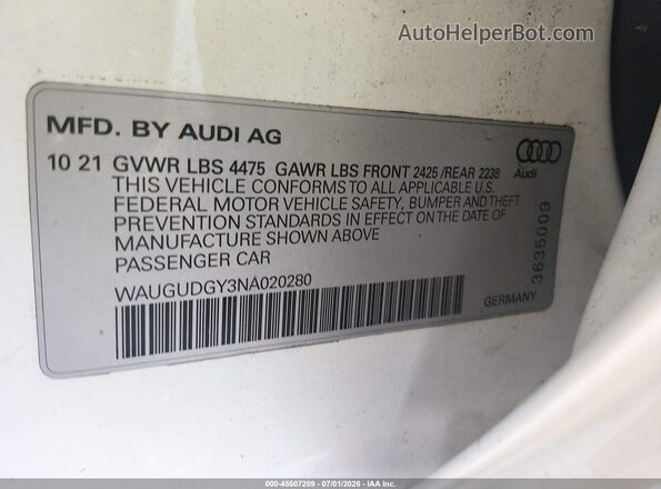 WAUGUDGY3NA020280 2022 AUDI A3 White Vista del compartimento del motor