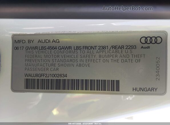 WAUJ8GFF2J1002634 2018 AUDI A3 White ძრავის განყოფილების ხედი