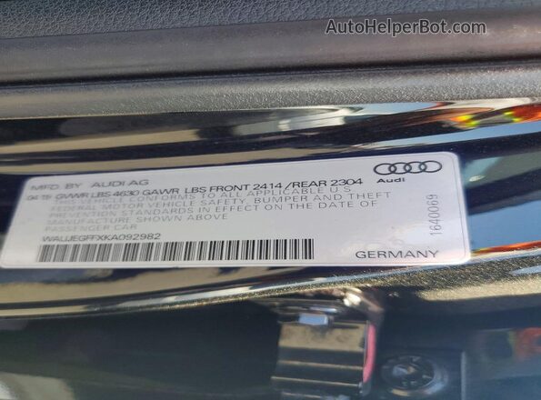 WAUJEGFFXKA092982 2019 AUDI A3 Black VIN კოდის სტიკერის ხედი