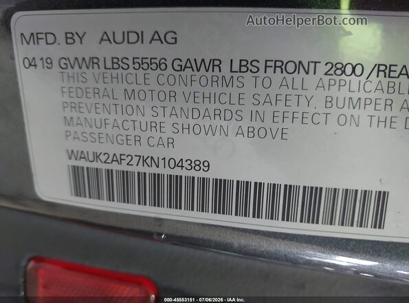 WAUK2AF27KN104389 2019 AUDI A6 Gray Widok komory silnika
