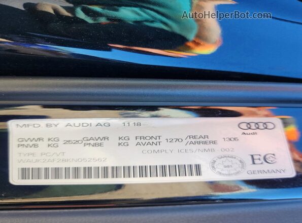 WAUK2AF28KN052562 2019 AUDI A6 Black Вид наклейки з VIN-кодом