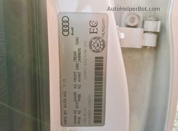 WAUK8GFF1J1036701 2018 AUDI A3 Белый Вид наклейки с VIN-кодом