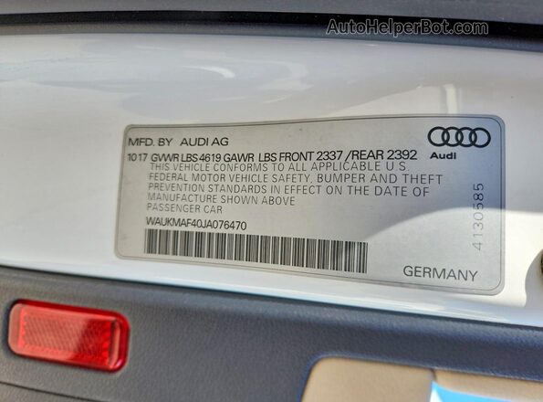WAUKMAF40JA076470 2018 AUDI A4 White Вид наклейки з VIN-кодом
