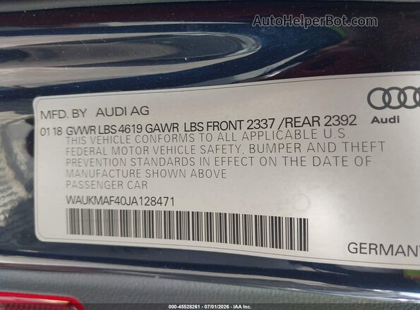 WAUKMAF40JA128471 2018 AUDI A4 Gray Вид підкапотного простору