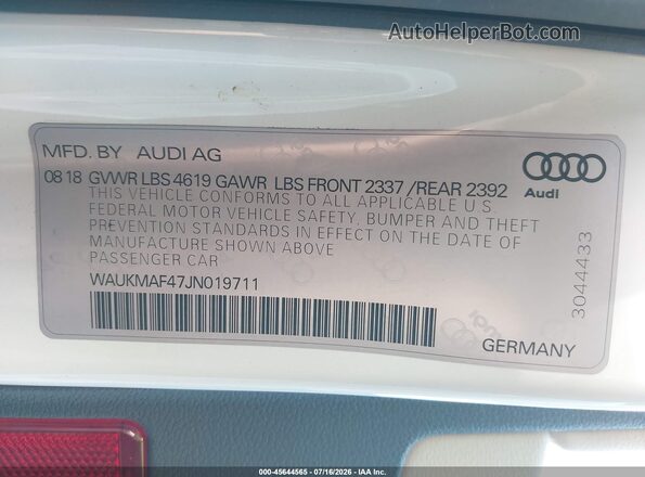 WAUKMAF47JN019711 2018 AUDI A4 White Շարժիչի բաժամունքի տեսք