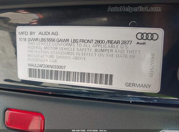 WAUL2AF20KN033007 2019 AUDI A6 Black Widok komory silnika