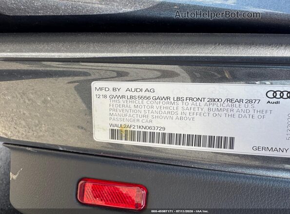 WAUL2AF21KN063729 2019 AUDI A6 Gray Շարժիչի բաժամունքի տեսք