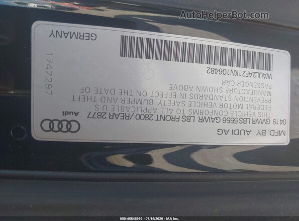 WAUL2AF21KN106482 2019 AUDI A6 Black Vista del compartimento del motor