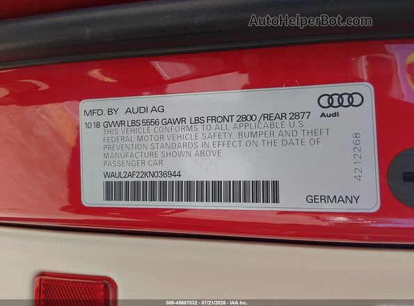 WAUL2AF22KN036944 2019 AUDI A6 Красный Вид подкапотного пространства