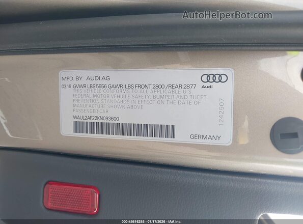 WAUL2AF22KN093600 2019 AUDI A6 Tan ძრავის განყოფილების ხედი