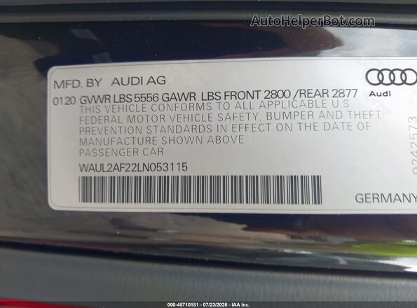 WAUL2AF22LN053115 2020 AUDI A6 Black ძრავის განყოფილების ხედი