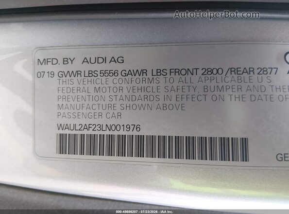 WAUL2AF23LN001976 2020 AUDI A6 Gray ძრავის განყოფილების ხედი