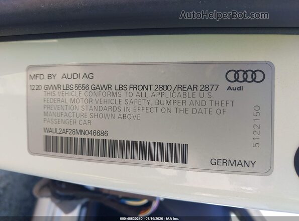 WAUL2AF28MN046686 2021 AUDI A6 White Engine compartment view