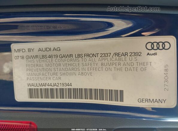 WAULMAF44JA219344 2018 AUDI A4 Blue Вид підкапотного простору