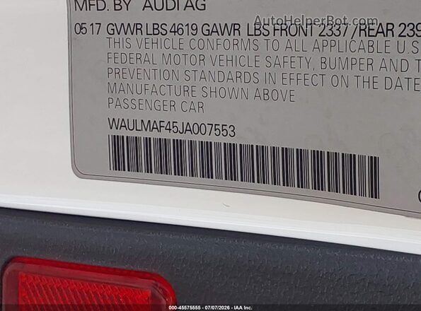 WAULMAF45JA007553 2018 AUDI A4 Белый Вид подкапотного пространства