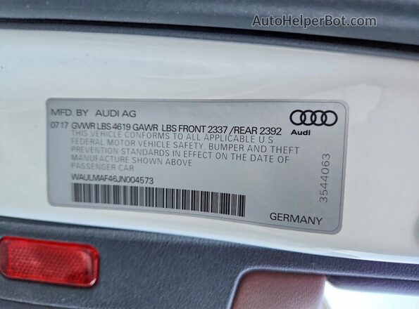 WAULMAF46JN004573 2018 AUDI A4 White VIN կոդի պիտակի տեսք