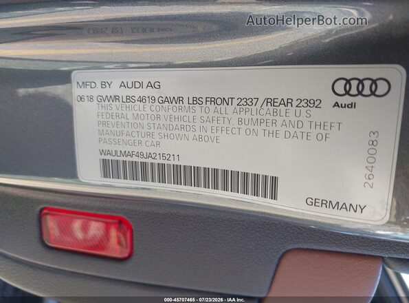 WAULMAF49JA215211 2018 AUDI A4 Gray ძრავის განყოფილების ხედი