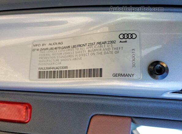 WAULMAF4XJA233085 2018 AUDI A4 Charcoal Widok naklejki z numerem VIN