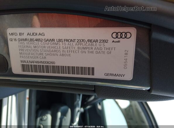 WAULNAF46HN008260 2017 AUDI A4 Серый Вид подкапотного пространства
