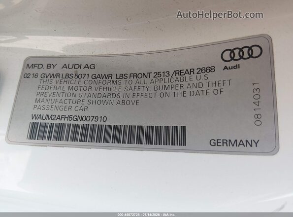 WAUM2AFH5GN007910 2016 AUDI A5 White Engine compartment view
