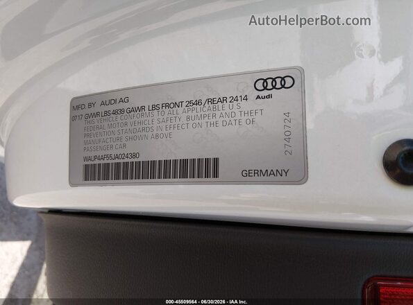 WAUP4AF55JA024380 2018 AUDI S5 White Вид підкапотного простору
