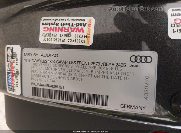 WAUP4AF55KA089151 2019 AUDI S5 Gray Engine compartment view