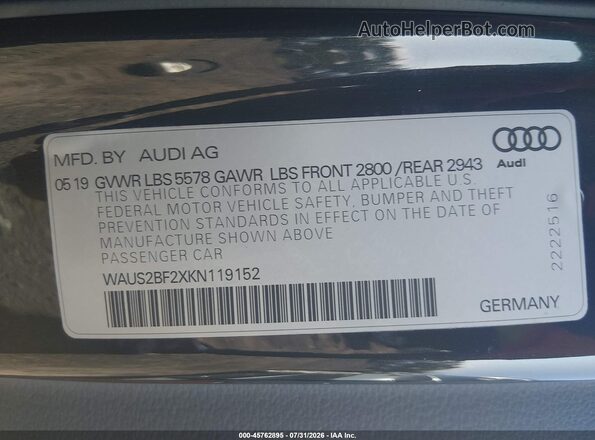 WAUS2BF2XKN119152 2019 AUDI A7 Black Engine compartment view