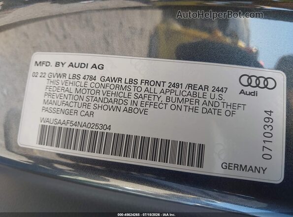 WAUSAAF54NA025304 2022 AUDI A5 Серый Вид подкапотного пространства