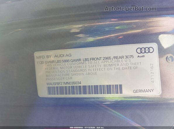 WAUSFBF21MN035034 2021 AUDI S7 Gray ძრავის განყოფილების ხედი