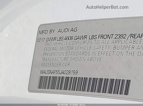WAUSNAF55JA028159 2018 AUDI A5 White Vista del compartimento del motor