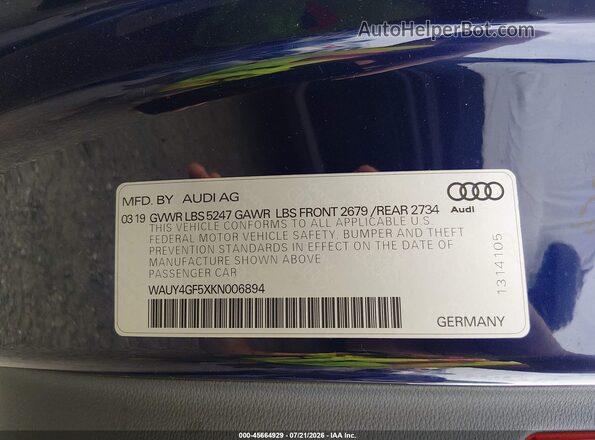 WAUY4GF5XKN006894 2019 AUDI S5 Blue ძრავის განყოფილების ხედი