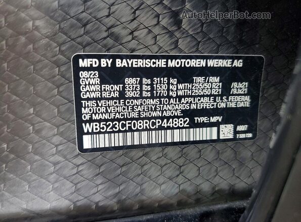 WB523CF08RCP44882 2024 BMW IX Charcoal VIN კოდის სტიკერის ხედი