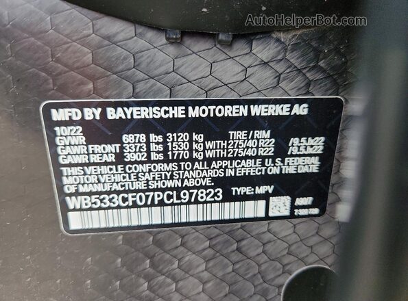 WB533CF07PCL97823 2023 BMW IX Gray VIN կոդի պիտակի տեսք