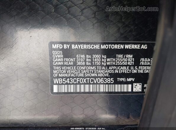 WB543CF0XTCV06385 2026 BMW IX Black Вид підкапотного простору