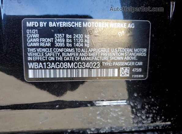 WBA13AG08MCG34023 2021 BMW 5 SERIES Black VIN sticker view