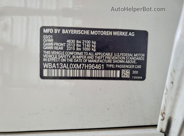 WBA13AL0XM7H96461 2021 BMW M2 White VIN sticker view