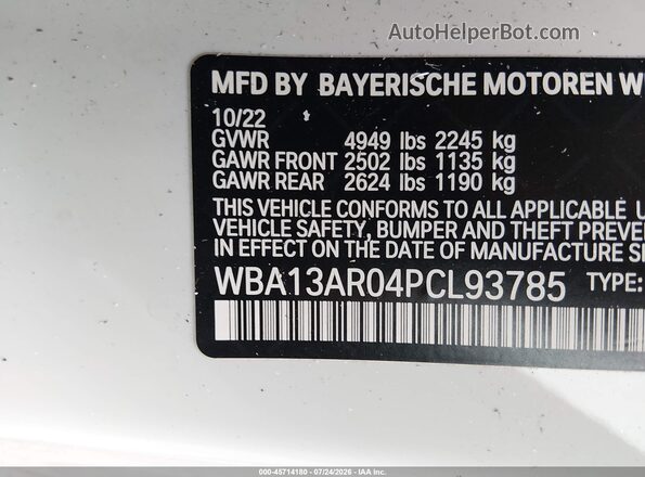 WBA13AR04PCL93785 2023 BMW M4 White ძრავის განყოფილების ხედი