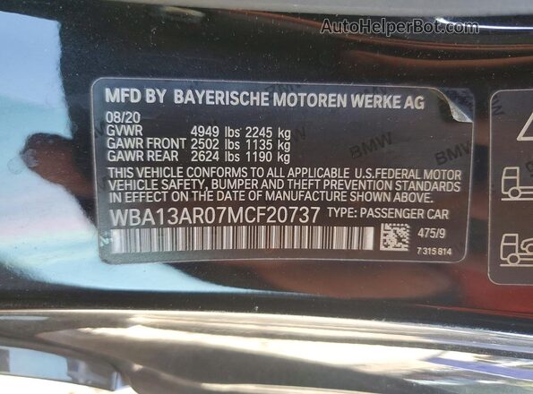 WBA13AR07MCF20737 2021 BMW M4 Black VIN კოდის სტიკერის ხედი