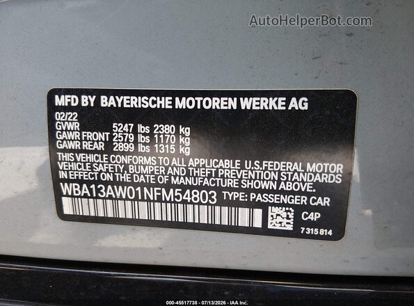 WBA13AW01NFM54803 2022 BMW OTHER Blue Вид підкапотного простору