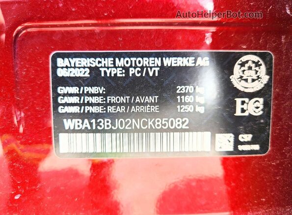 WBA13BJ02NCK85082 2022 BMW 5 SERIES Red VIN sticker view