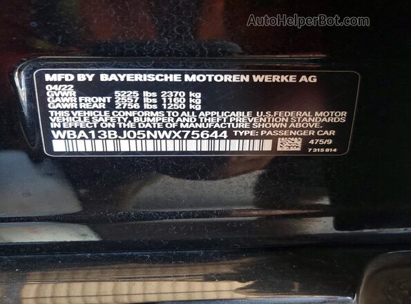 WBA13BJ05NWX75644 2022 BMW 5 SERIES Black Widok naklejki z numerem VIN