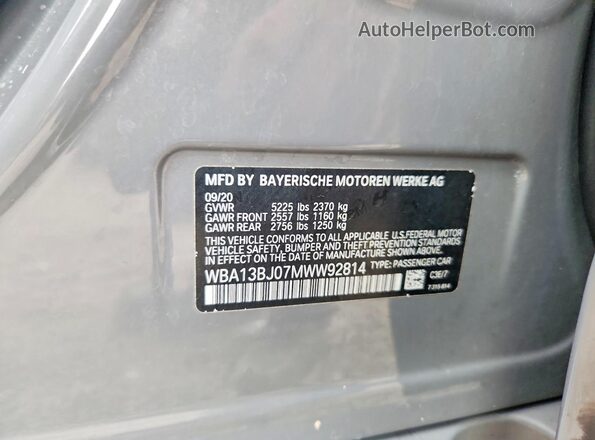 WBA13BJ07MWW92814 2021 BMW 5 SERIES Gray VIN კოდის სტიკერის ხედი