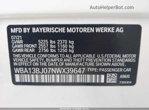 WBA13BJ07NWX39647 2022 BMW 5 SERIES White ძრავის განყოფილების ხედი