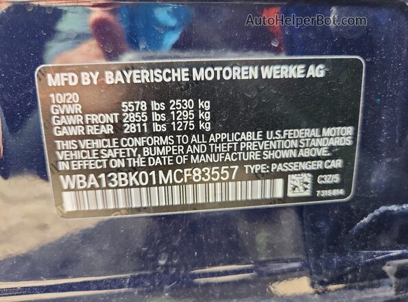 WBA13BK01MCF83557 2021 BMW M5 Blue Widok naklejki z numerem VIN