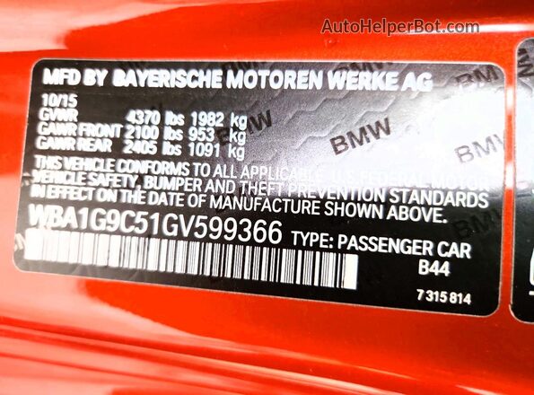 WBA1G9C51GV599366 2016 BMW 2 SERIES Orange VIN კოდის სტიკერის ხედი