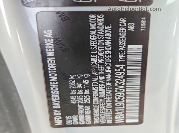 WBA1L9C59GV324954 2016 BMW 2 SERIES Silver Vista del compartimento del motor
