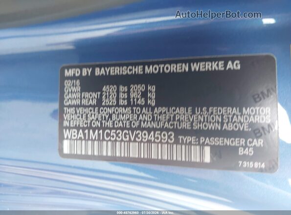WBA1M1C53GV394593 2016 BMW M2 Blue Շարժիչի բաժամունքի տեսք