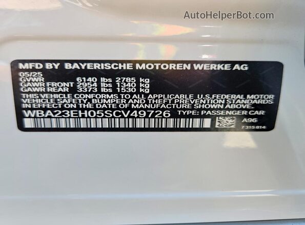 WBA23EH05SCV49726 2025 BMW 7 SERIES White Widok naklejki z numerem VIN