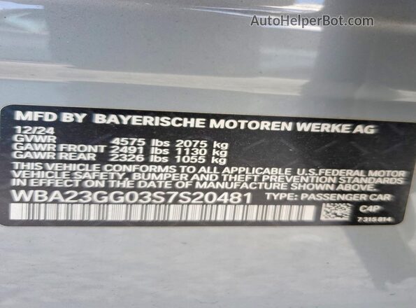 WBA23GG03S7S20481 2025 BMW 2 SERIES Gray VIN sticker view