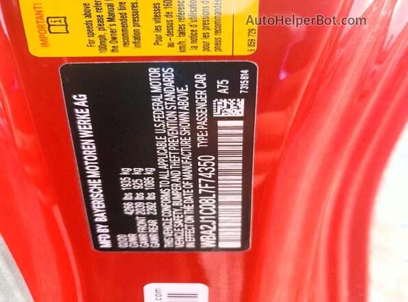 WBA2J1C08L7F74350 2020 BMW 2 SERIES Red VIN կոդի պիտակի տեսք